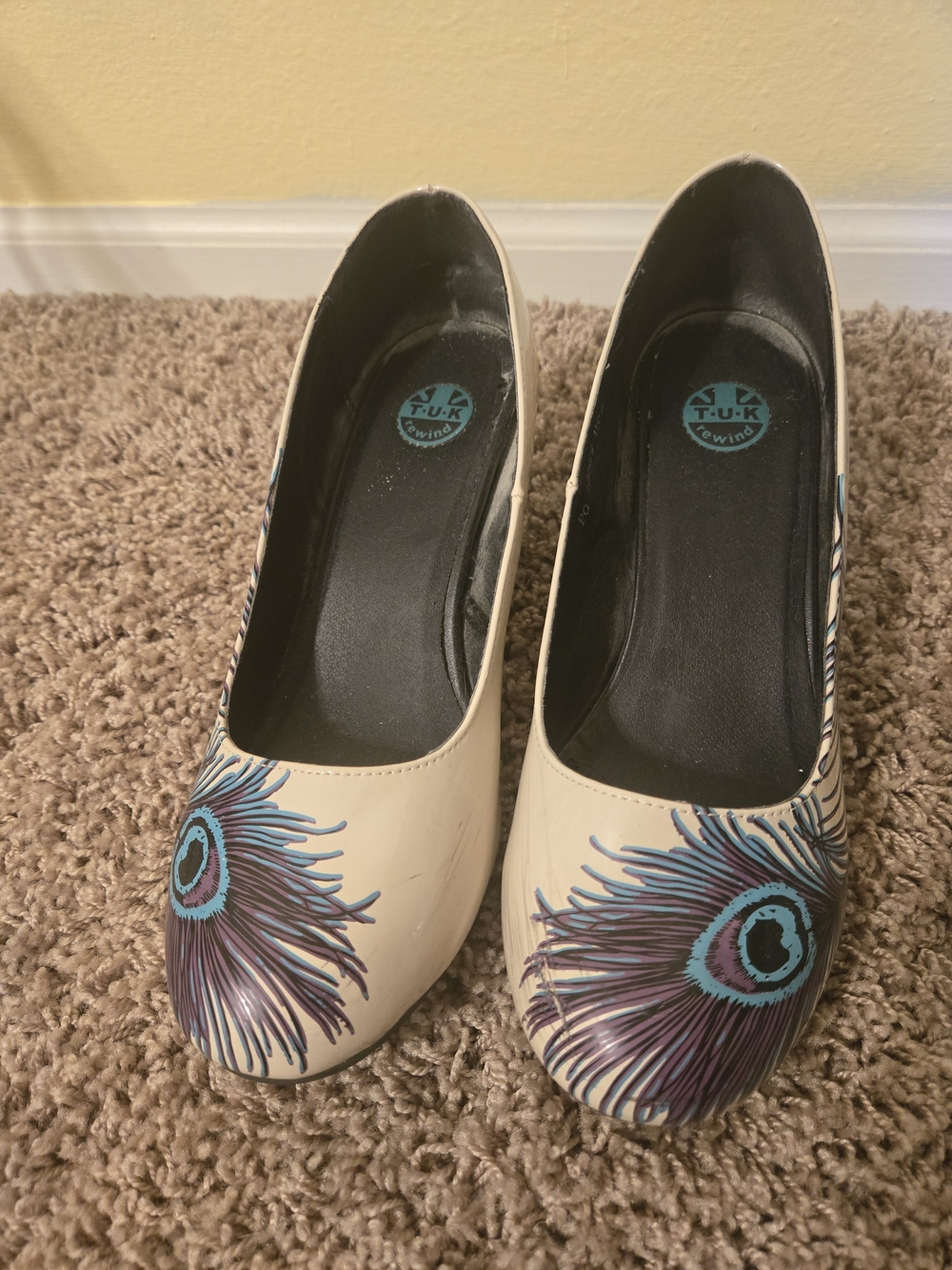 T.U.K Cream Heels with Teal and Purple Feather Motif